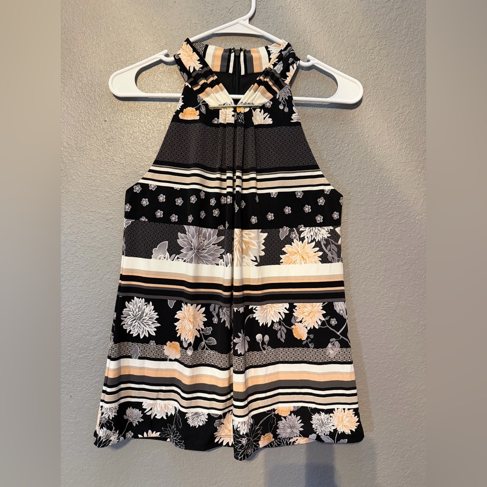 Calvin Klein Black, Cream & Gray Floral Stripe Halter Crop Top